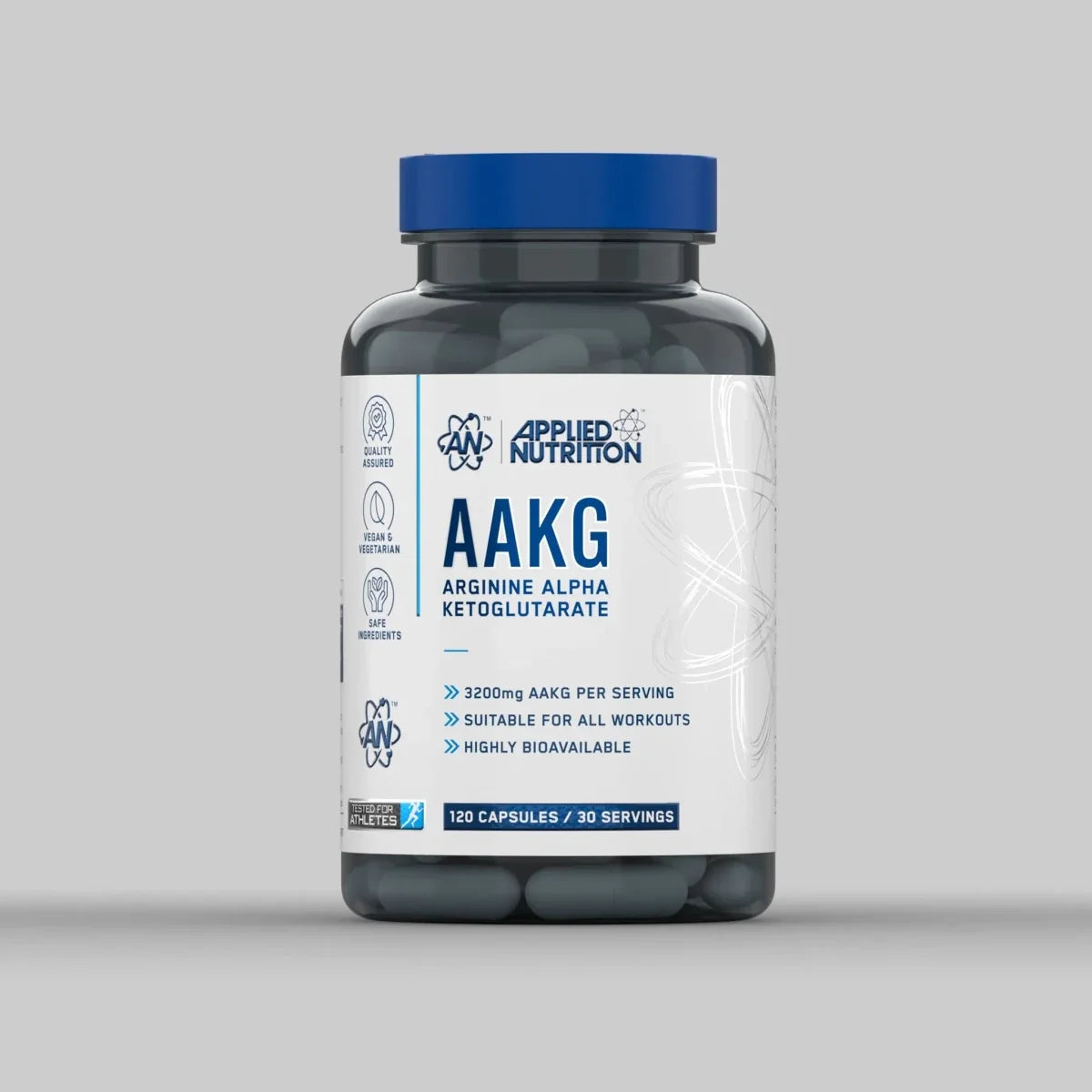 Bottle of Applied Nutrition AAKG supplement on a gray background