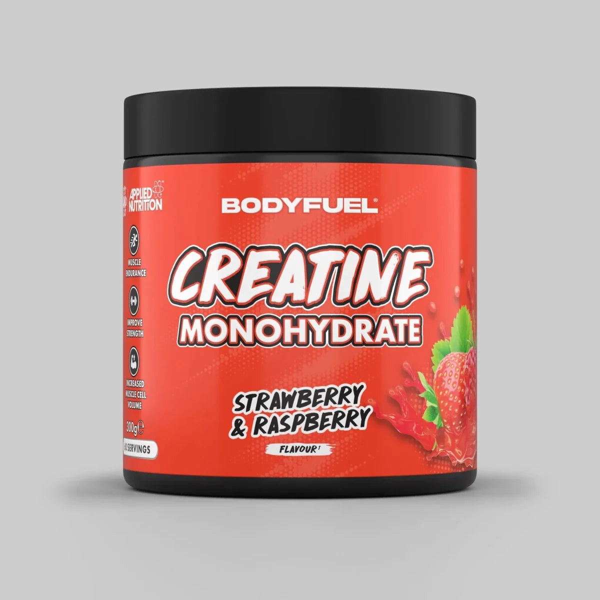 BodyFuel Creatine Monohydrate supplement container with strawberry and raspberry flavor on a gray background